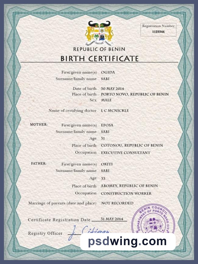 Benin Vital Record Birth Certificate PSD Template